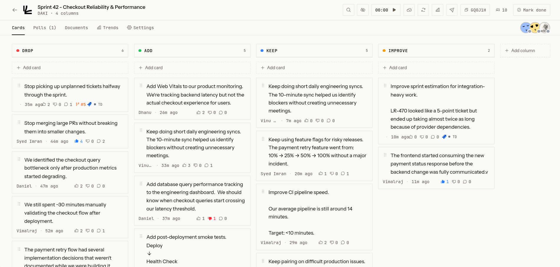 letRetro — retrospective board with DAKI columns, AI insights and team collaboration